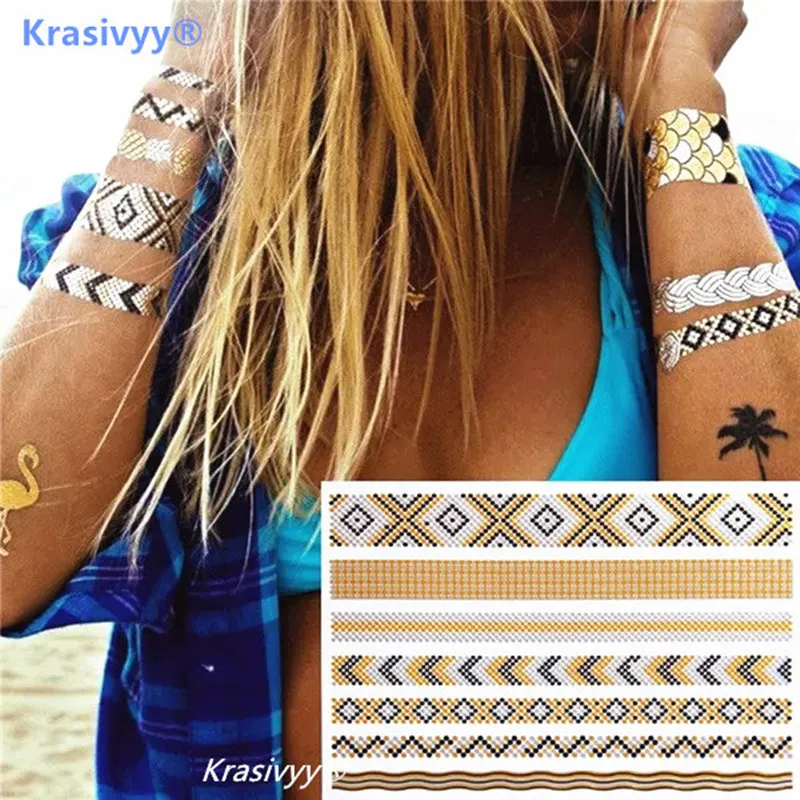 Temporary golden silver tattoos stickers metal bracelet tattoos body art flash tattoo paste makeup girls waterproof fake tattoos