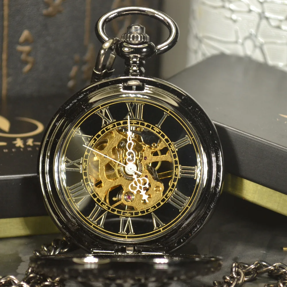 Luxury Skeleton Black Retro Antique Skeleton Mechanical Pocket Watch Men Chain Necklace Business Casual Pocket & Fob Watches