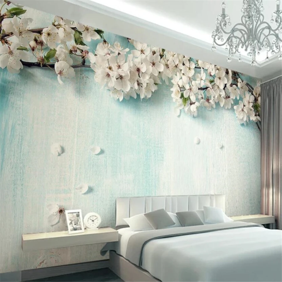 

beibehang Custom wallpaper 3d murals small fresh blue wood grain cherry blossom 3d stereo TV background wall painting wallpaper