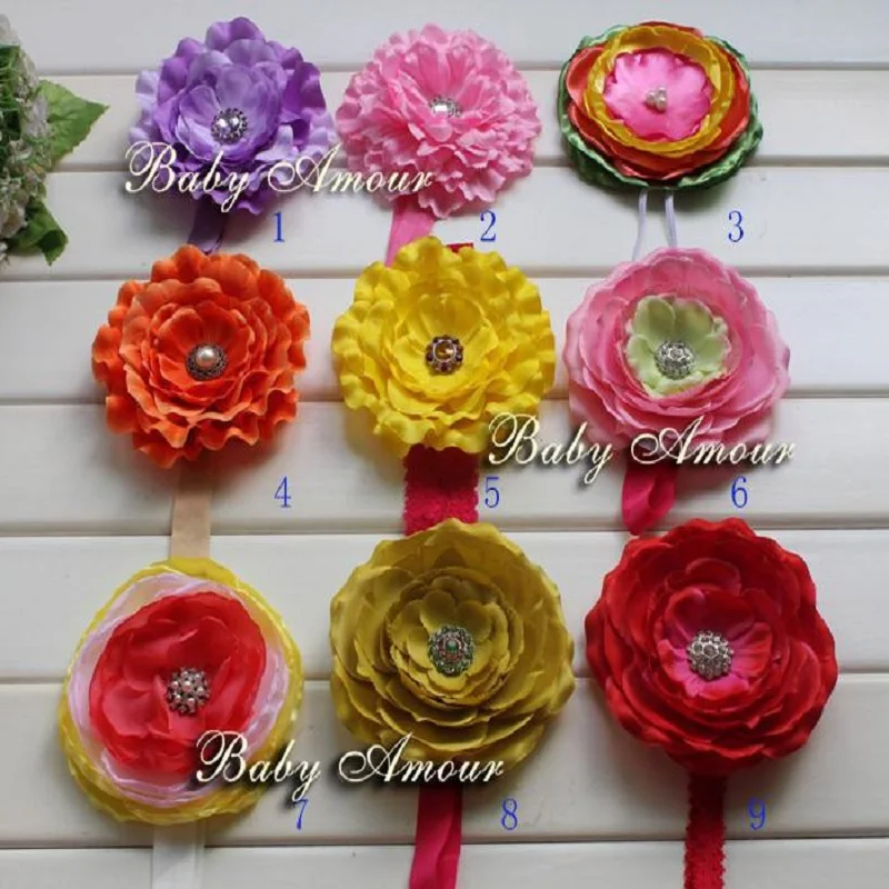 Hooyi Big Rose Flower Baby Girl Hairbands Bling Diamond Pearl Children Headband Kids Bandanas Hair bands Tiaras Barrettes H2