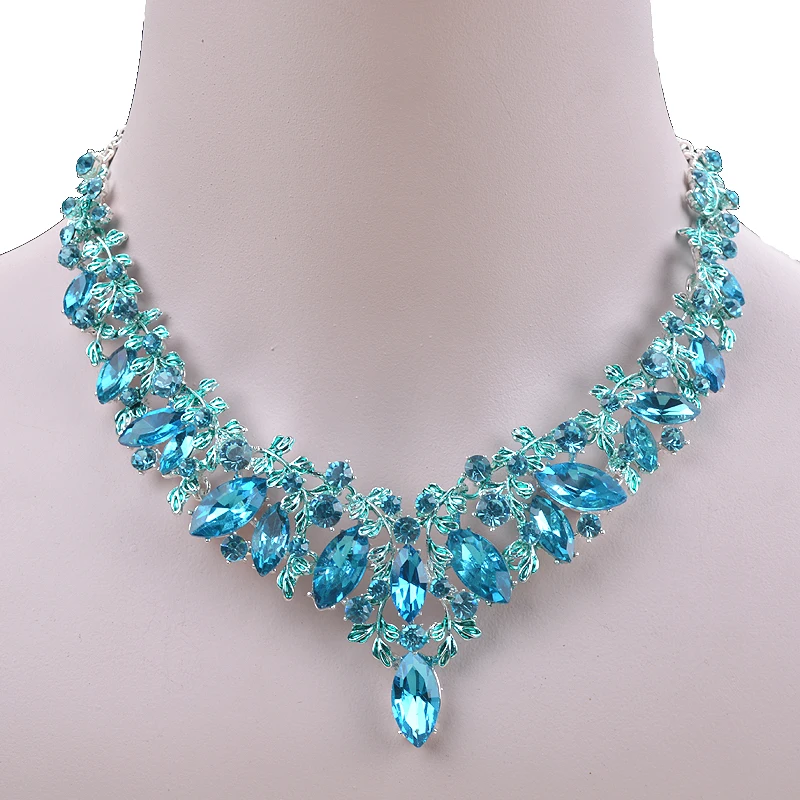 Fashion blue Color Delicate Bridal party jewelry sets marquise glass lake blue necklace and earrings women dress jewelry