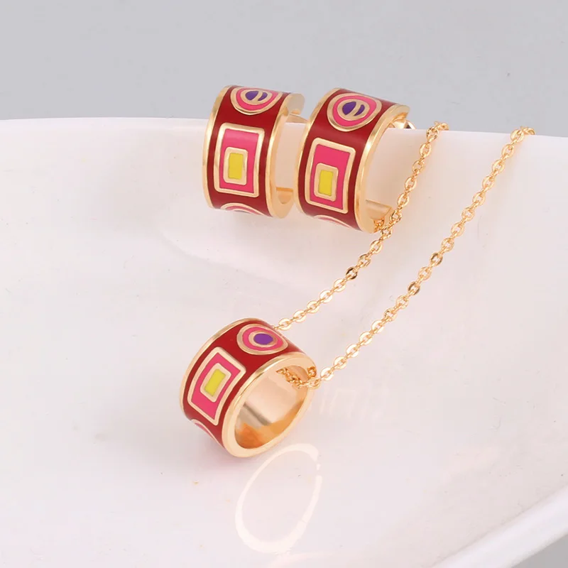 Enamel Vintage Gold-color Jewelry Sets for Women Color Pattern Design Shape Pendant/Earrings