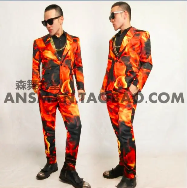 S-5XL!! 2022 Nightclub male singer with the European and American hellfire satin suit stage costume