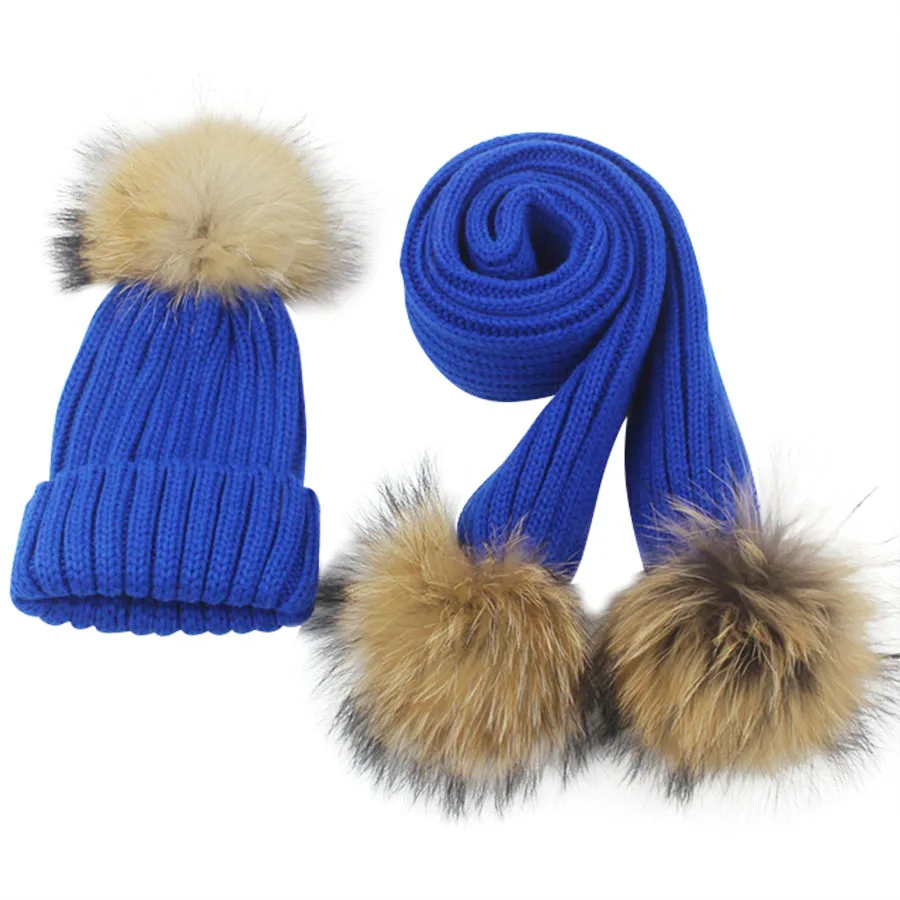 New Arrive Winter Kids Hat&Scarf Natural Real Raccoon Fur Pompom 3pcs Pom pom Beanies Children\' Warm Scarf Hats 1-8 Years Old