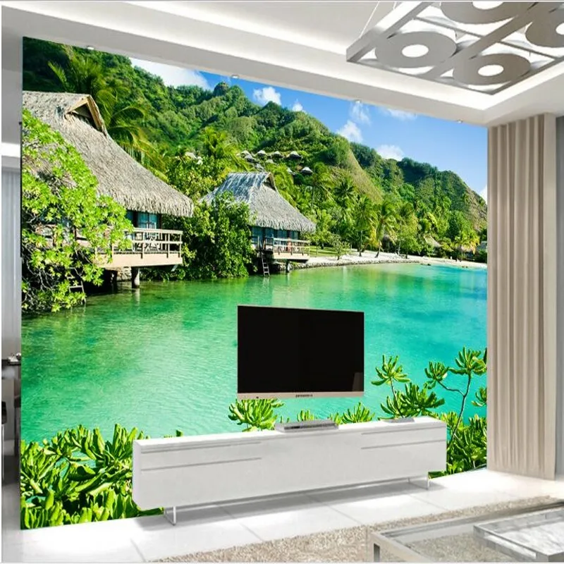 

wellyu Customized large-scale fresco 3D vacation coconut seaside cottage living room TV backdrop environmental wallpaper