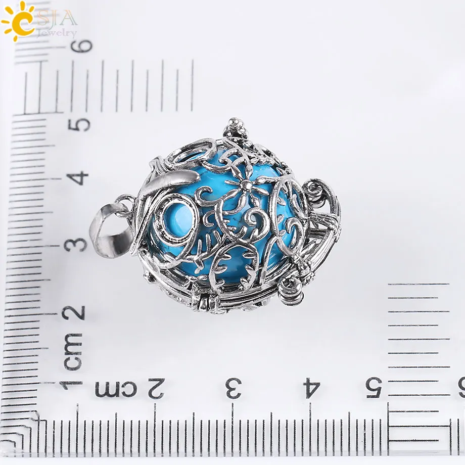 CSJA Cute Owl Openable Locket Pendants Antique Cage Ball Gem Stone Amulet Natural Jewelry Pink Quartz Opal Green Aventurine E683