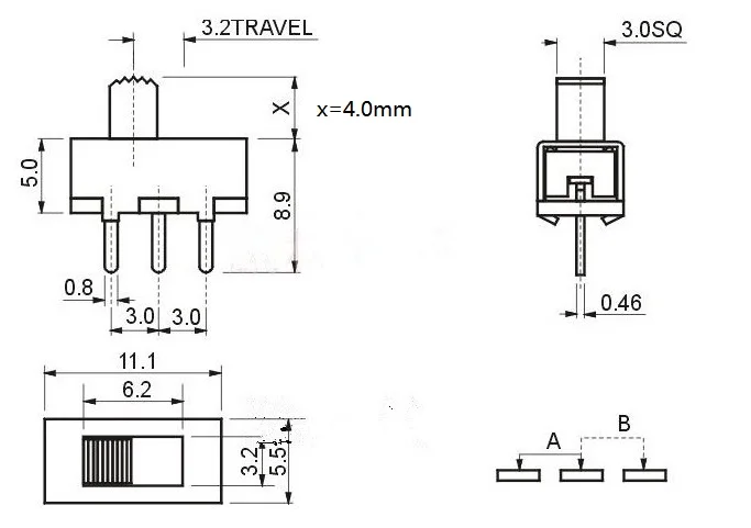 1000pcs Slide Switch 2 Position 3 Pin SPDT 1P2T Through Hole PCB Panel Mini Vertical Knob Height 4.0mm SS12F17G4