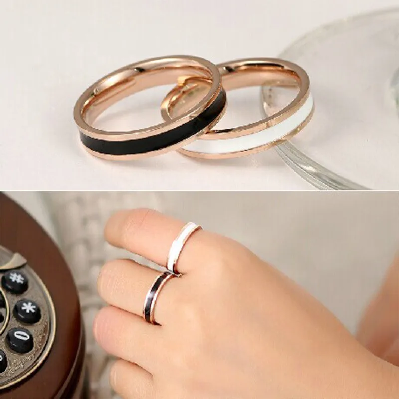 Women Jewelry Imitation Ceramic Ring Black/White Resin Tail Finger Ring Titanium Steel Rose Gold-Color Enamel Ring Women R007-1