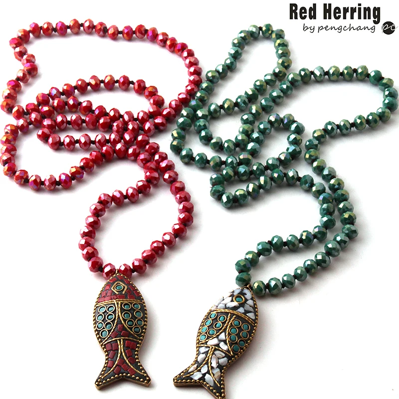 Fashion Bohemian Tribal Jewelry Glass Knotted Fish Pendant Necklaces For Women Ethnic Necklace