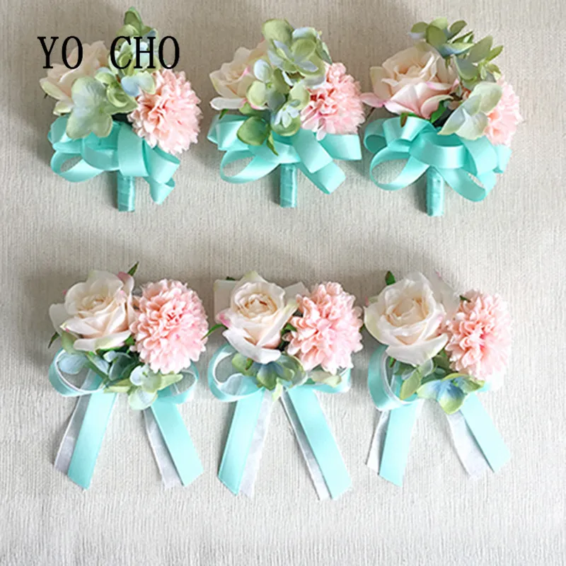 YO CHO Wedding Prom Hydrangea Brides Wrist Corsages Roses Handmade Boutonnieres Groom Bridesmaids Groomsmen Flowers Boutonnieres