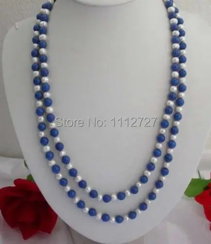 

Beautiful 8mm Lazuli Lapis & white pearl Necklace Beads Women Jewelry Natural stone Mother's Day gifts 65"BV121 Wholesale Price