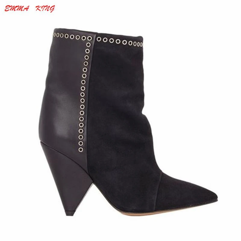 2019 Fashion Suede Leather Patchwork Sexy Ankle Boots Women Spike High Heel Pointy Toe Metal Pleated Flock Ladies Short Boots