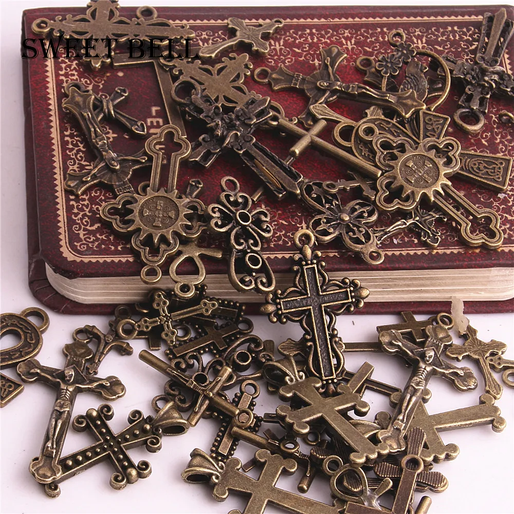 SWEET BELL 60Pcs Vintage Metal Mixed Cross Charm for Jewelry Making DIY Handmade DIY Handmade Craft Cross Pendant Charm H3022