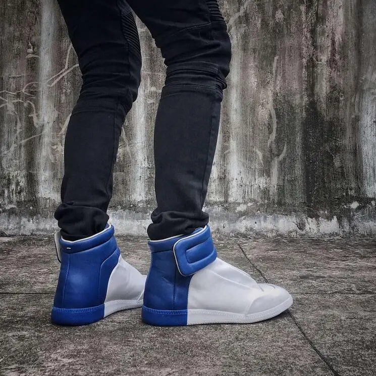 Fashion Man Shoes Flats Fashion High Top Genuine Leather Black White Hook & Loop HipHop Man Casual Shoes Trainers Plus size 46