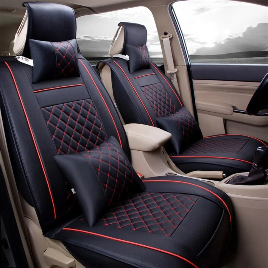 

Size M-Black&Red Deluxe Edition Auto Car Seat Cover Cushion 5-Seats Front + Rear PU Leather With Headrest Lumbar Free Shipping