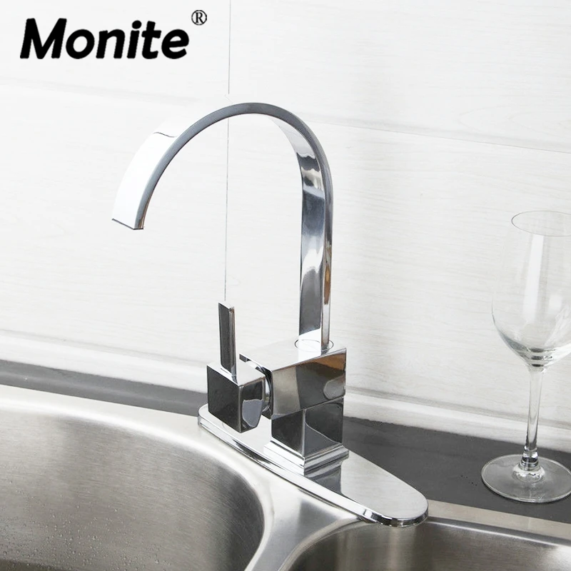 Monite Solid Brass Square Kitchen Chrome Swivel 360 Cover Plate Hose Basin Sink Water Tap Vessel Faucets Mixer Tap