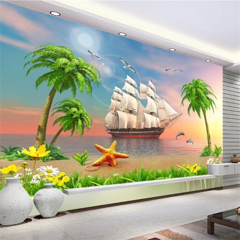 wellyu  papel de parede 3d  Custom wallpaper  Sunset scenery sailing smooth seascape coconut tree TV background wall  behang