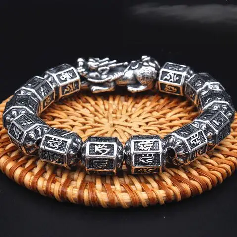 

100% 999 Silver Buddhist Eight Buddha's Mantra Beads Bracelet Fengshui Wealth Pixiu Beaded Bracelet Good Luck Bracelet