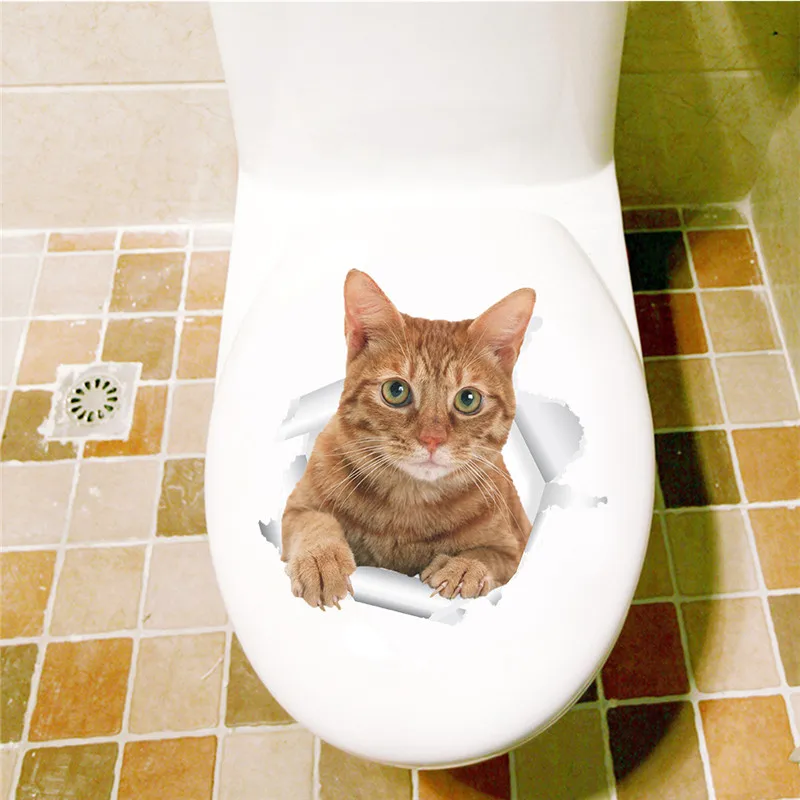 Cat Dog Toilet Stickers Vivid 3D Look Wall Decals Funny Animals Home Decoration Poster Diy Pvc Bathroom Mural Art