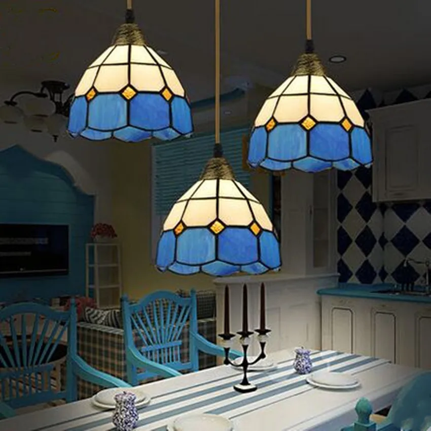 

Drop Lamps Blue Mediterranean Style Living Room Restaurant Chandeliers 3 Irons American Pastoral Country led Lights