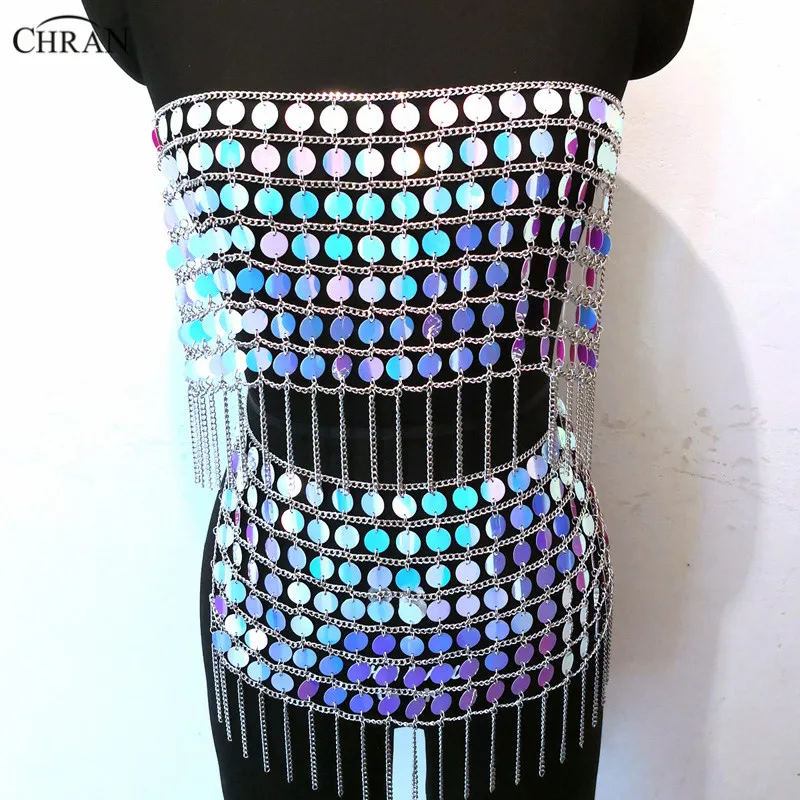 Chran Sexy Sparkly Skirt Summer Mermaid Crop Tops Statement Necklaces Tub Bra Bikini Wear Sequin Womens Jewelry Accessories