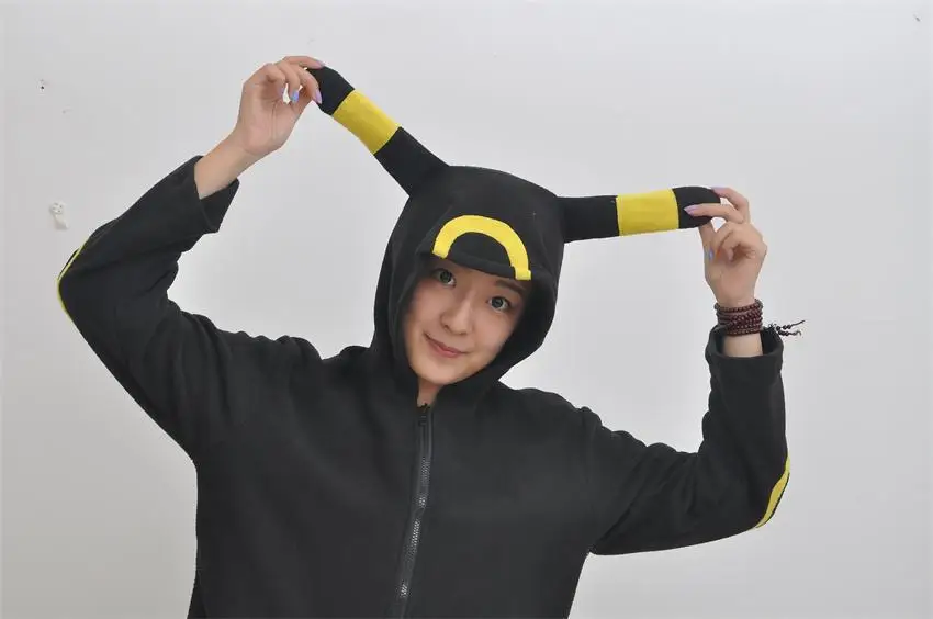 Women\'s Black Umbreon Hoodie Outerwear Jacket Sweatshirt Unisex Cosplay Costumes Plush Animal Hoodie Suits