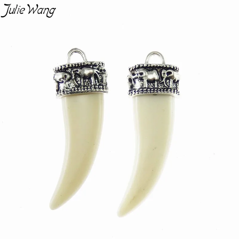 Julie Wang 8pcs Tibetan Silver Color Cap Milky White Ivory Shape Pendant Charm for DIY BOHO Bohemian Necklace Ethnic Jewelry
