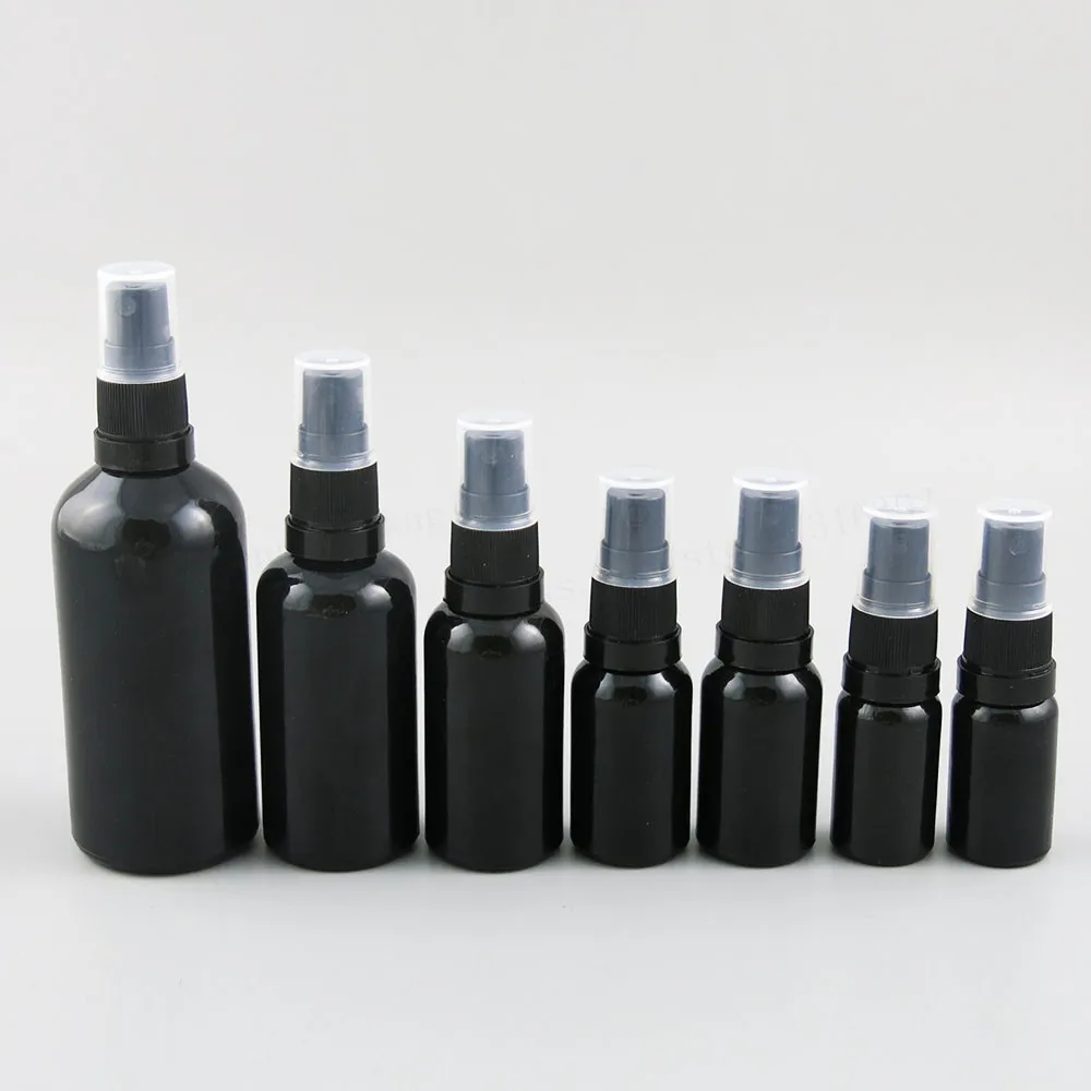 200 x Refillable 100ml 50ml 30ml 15ml 10ml Paint Black Glass Perfume Bottle With  Plastic Mist Sprayer