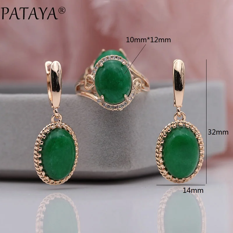 PATAYA 585 Rose Gold Color Malay Oval Natural Stone White Zircon Long Dangle Earrings Rings Sets Women Wedding Fine Jewelry