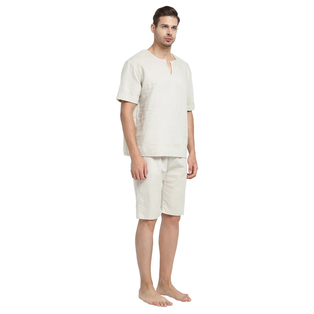 Men and Woen Unisex Ramie and Cotton Sumer and Spring  Short Top Sleepwear Home Wear Loungewear pajama Sets with Long Pants