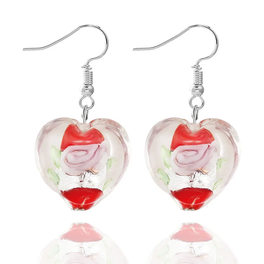 QIANBEI Mix Color Hand-made Murano Glass Women\'s Romatic Elegant Classic Dangle Rose Flower Heart Earrings