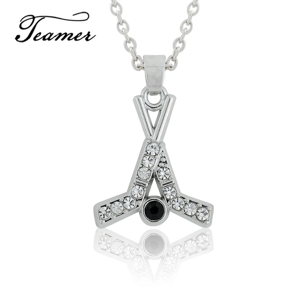 Teamer Clear Crystal Hockey Stick Pendant Necklace for Woman Men Adjustable Chain Fashion Sport Charms Silver Color Jewelry Gift