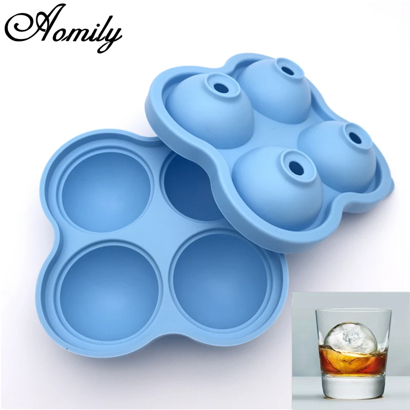 Aomily 4 Lattices Food Grade Silicon Bar Drink Whiskey Sphere Large Ice Ball Shape Ice Lattice Brick Cube Juice Wine Ice Pudding