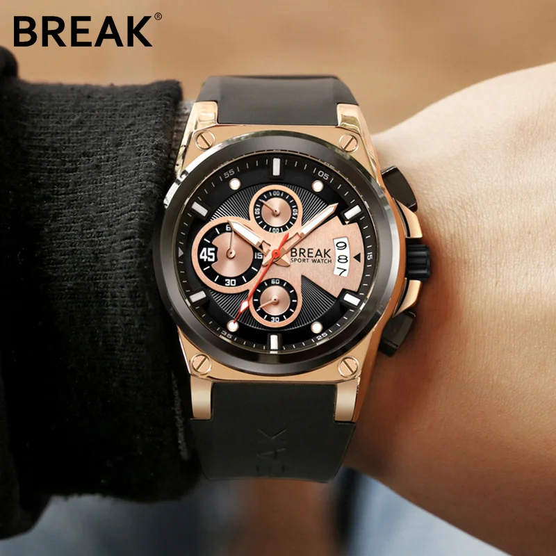 BREAK Jam Tangan Pria Mewah Populer Merek Kasual Modis Jam Tangan Olahraga Chronograph Kalender Kedap Air Gelang Karet Jam Tangan Kuarsa