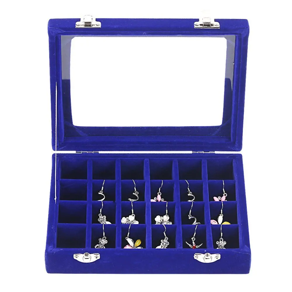 Blue 24 Slot Velvet Glass Jewelry Box Organizer Rings Earrings Tray Display Storage Case