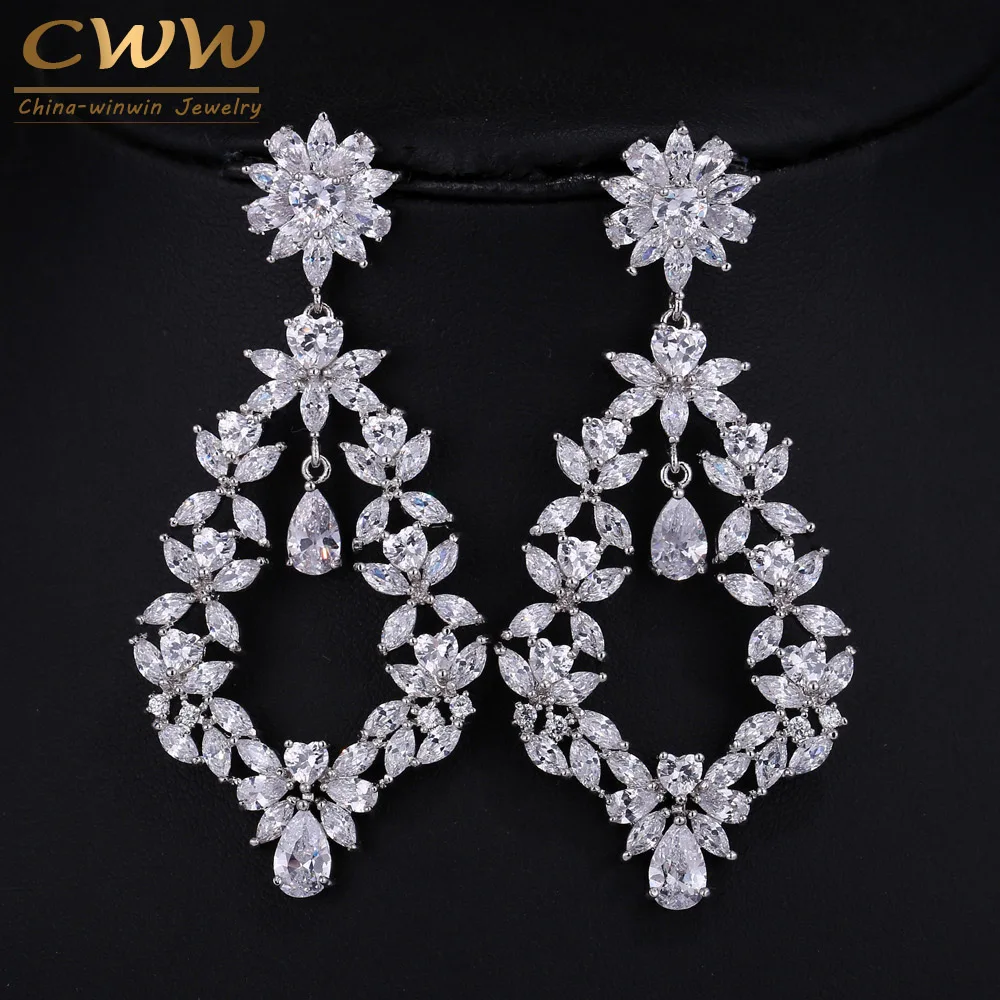 CWWZircons Vintage Design Large Party Jewelry Cubic Zirconia Setting Long Flower Drop Big Size Fancy Earrings for Women CZ087