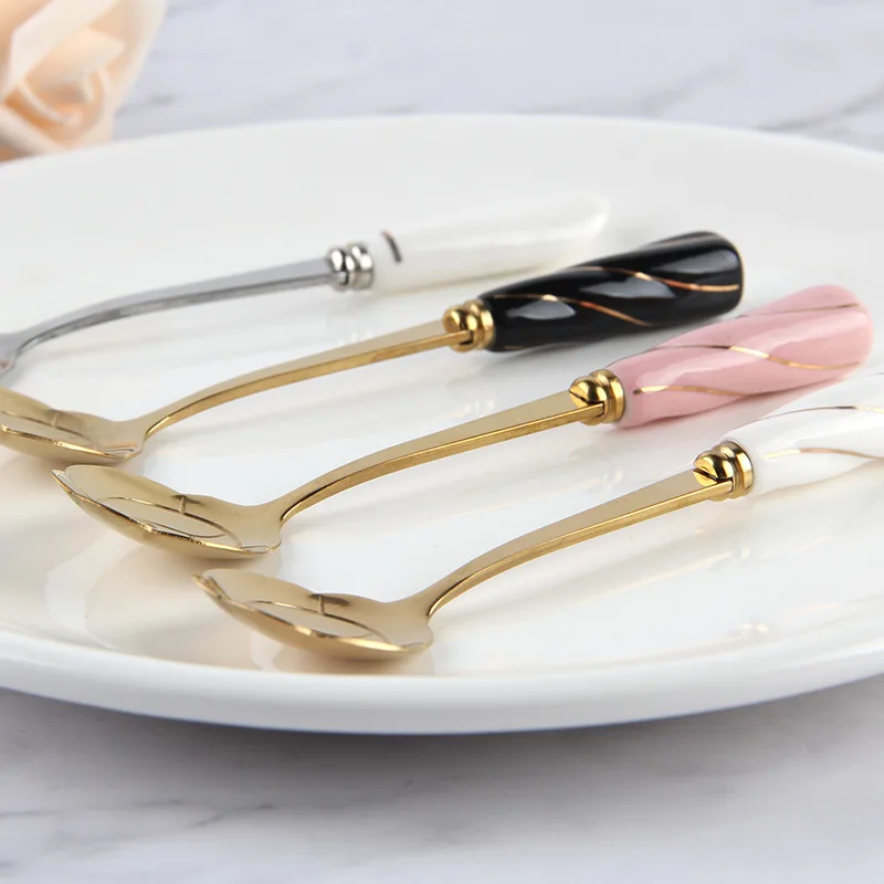 Tableware Coffee Stirring Spoon Ceramic Handle Flower Scoop Stainless Steel Gold Plated Cherry Rose Spoons Kitchen Tools