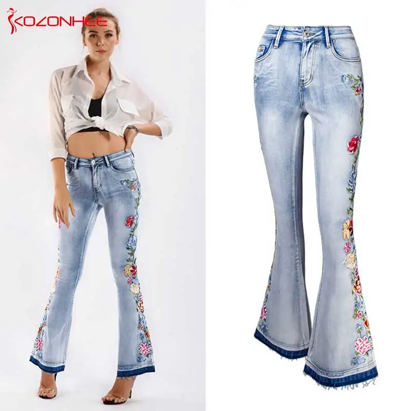 Embroidery Released Hem Flare Jeans Women Elasticity Bell-Bottoms Jeans For Girls Stretching Trousers women Jeans Large Size #07