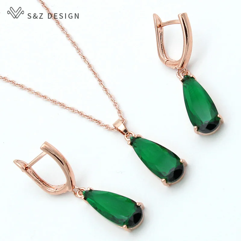 S&Z 6 Color Long Water Drop Dangle Zircon Earrings Jewelry Set 585 Rose Gold Color  For Women Korean Fine Wedding Party Jewelry