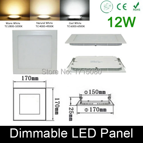 

Ultra thin Dimmable 12W LED panel light flat square LED Recessed ceiling down light 4000K for home luminaria lighting lamp