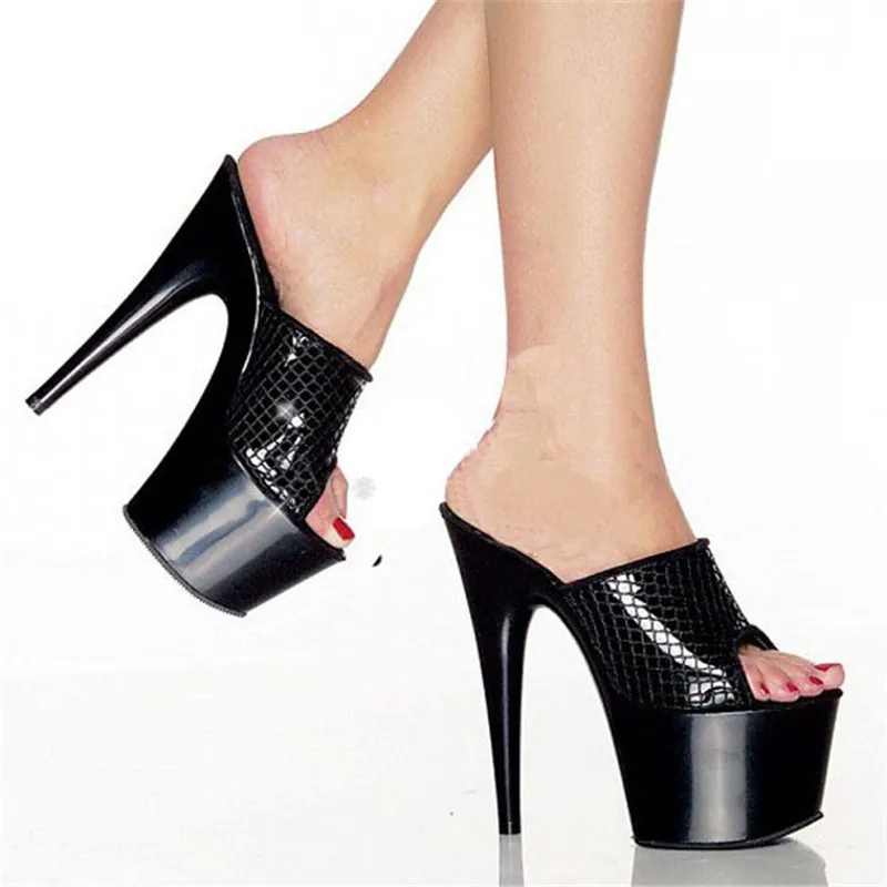 Summer fashion leather open-toe stage 15 cm platform sexy sandals, check vamp 6 inch high heels slippers