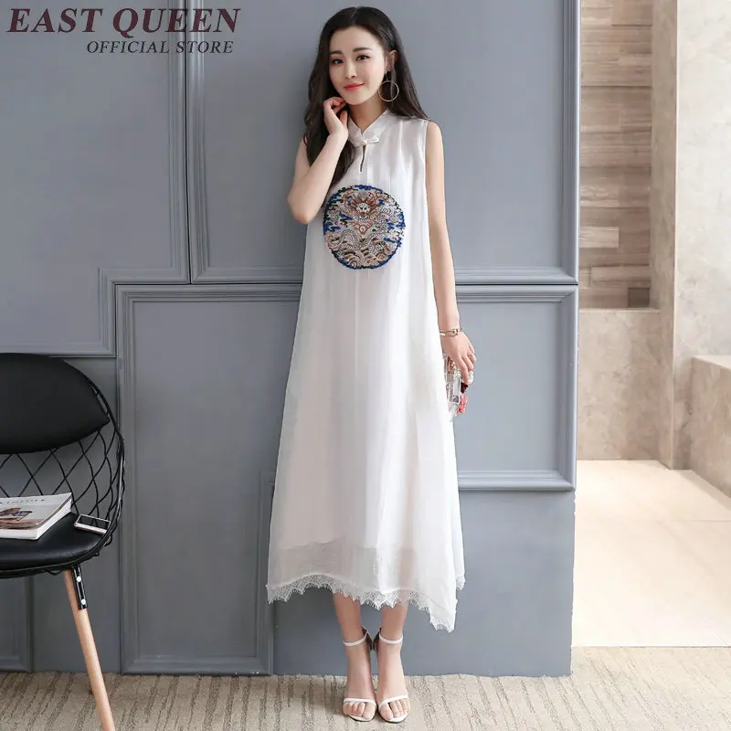 Chinese oriental dresses mandarin collar sleeveless long linen dresses summer elegant ladies white cotton sundress NN0694 HQ