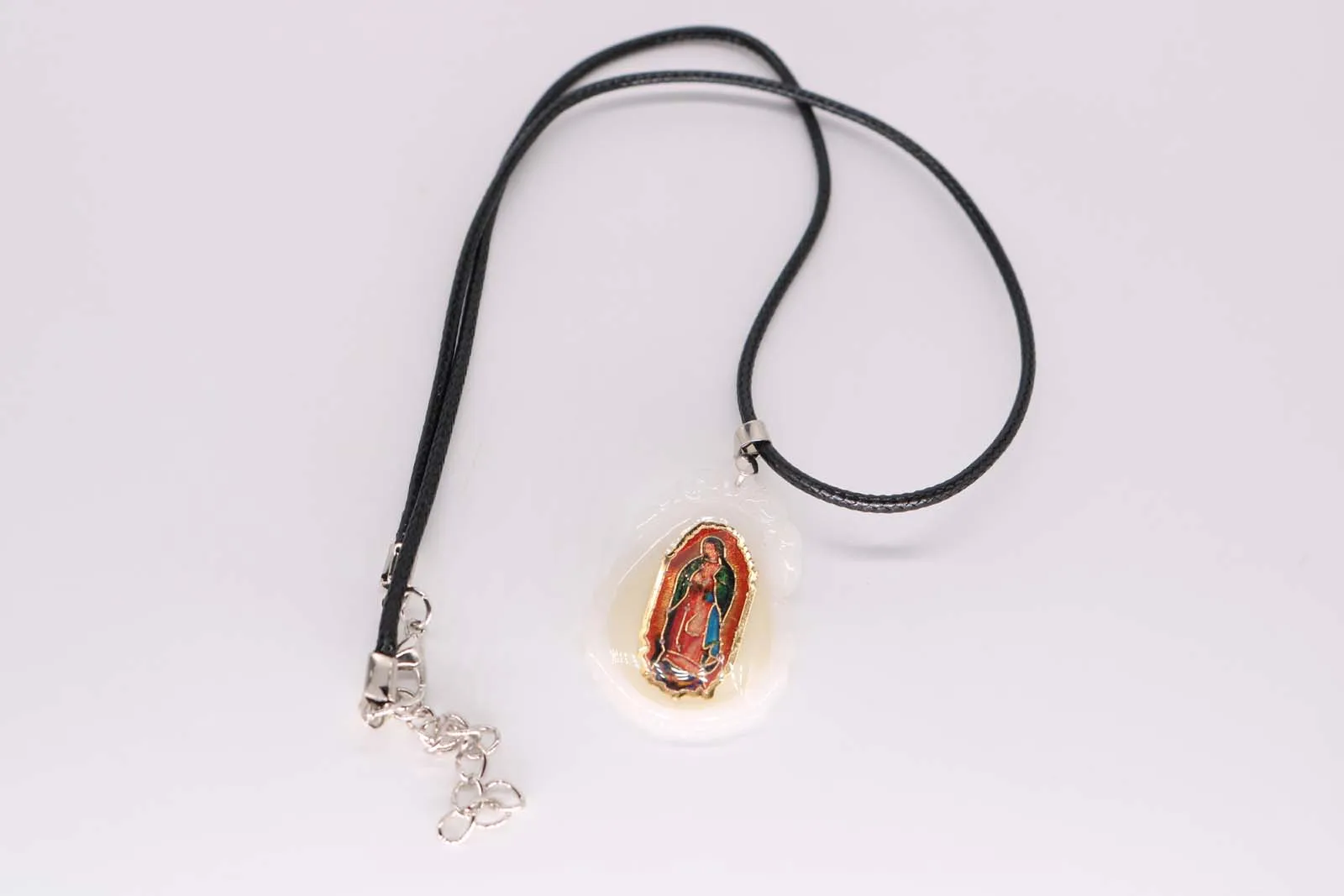 

Religious Christ Jesus Cross Leather Necklace. Guadalupe necklace, rose mexican necklace