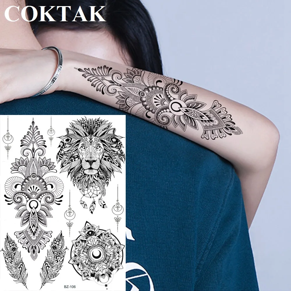 Índia henna, flor de mandala, leão temporário personalizado, adesivos de tatuagem preta, penas de totem, para mulheres, rendas, tatuagens temporárias para braço e corpo de meninas