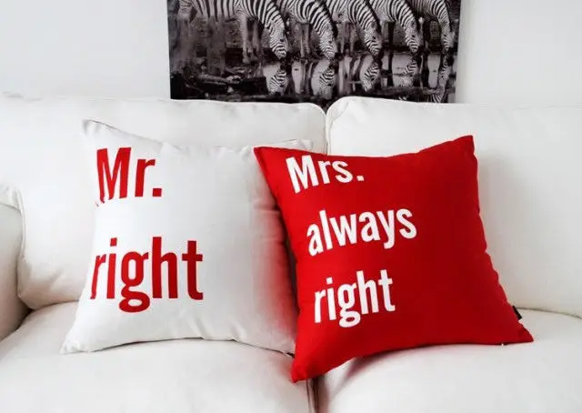 Red Mr Right Mrs Always Right Cushion Cover Set Velvet Mr Mrs Couple Decorative Throw Pillows Case Wedding Gifts Decoration 18"