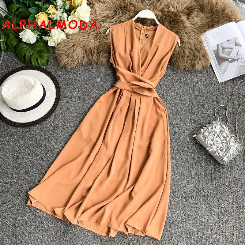 ALPHALMODA-Women's V-Neck Sleeveless Sashes Dress, Graceful Solid Chiffon Dress, Crossed Tie, Slender, Mid-calf, Summer