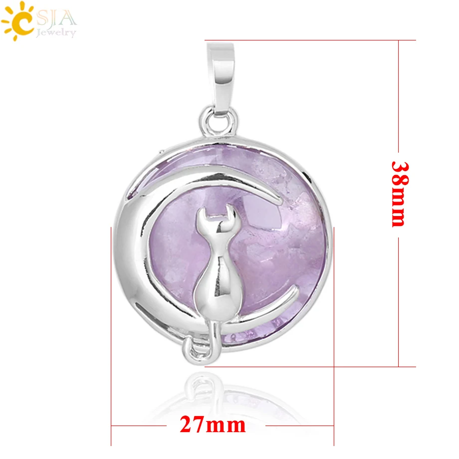 CSJA New Fashion Cat Moon Pendant for Necklace Round Natural Stone Cute Kitten Lucky Jewelry Fit Women Girl Necklaces F334