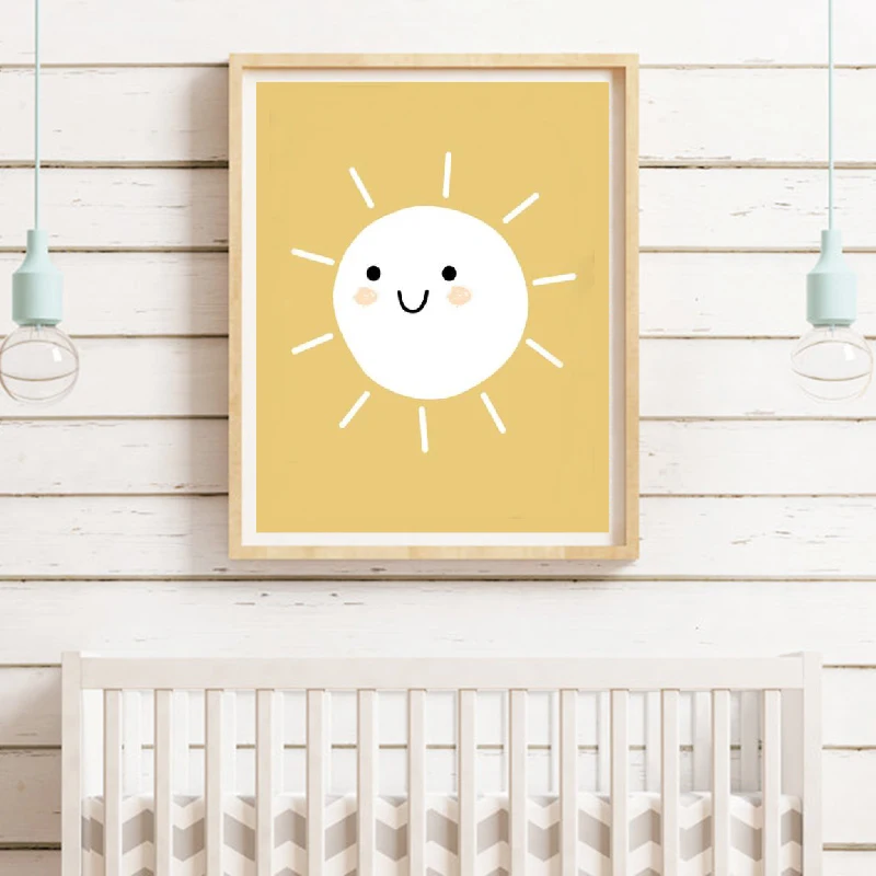 Mustard Sun Print Baby Nursery Decor Boys Wall Art Canvas Painting Climate Art Happy Wall Picture Nordic Poster Kids Room Decor