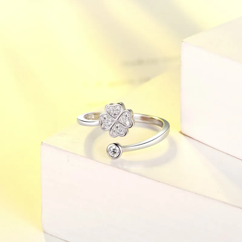 Trendy Silver 925 Sterling Rings For Women Jewelry Fashion Crystal Clover Girls Finger Rings Accessories Lady Birthday Gift