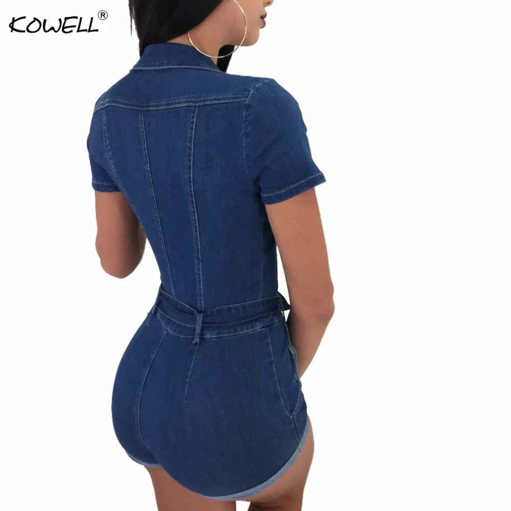 Heißer Verkauf Solide V-ausschnitt Sommer Strampler Frauen Zipper Schärpen Fitness Denim Overall Overalls Bodycon Sexy Overall-spielanzug Overall